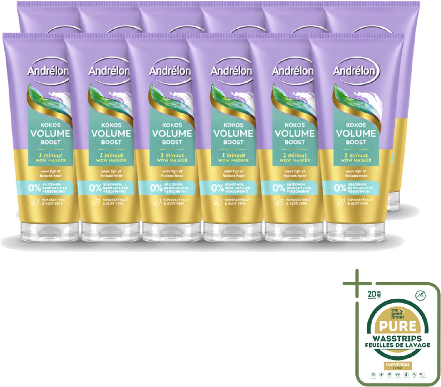 12 x Andrélon – Haarmasker WOW – Kokos Volume Boost – 180 ml - Wasstrips - Haarmasker - Volume - Fijn Haar - Futloos Haar - Luchtig Haar