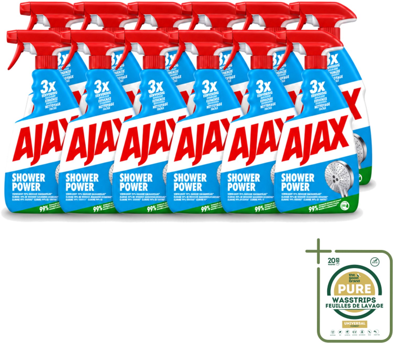 12 x Ajax – Spray – Shower Power – 750 ml - Wasstrips - Badkamer Reinigen - Kalkaanslag Verwijderen - Zeepresten Verwijderen - Douchewand Reinigen - Badkuip Reinigen