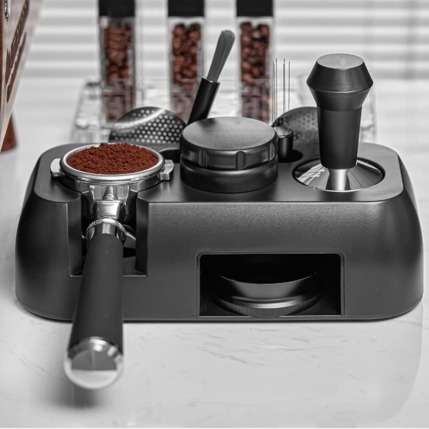 Espresso Tamper Station, Koffie Tamper Station Box Geschikt voor opslag Espresso Tamper, Distributeur, Plastic Station Espresso Organizer (Frosted Black)