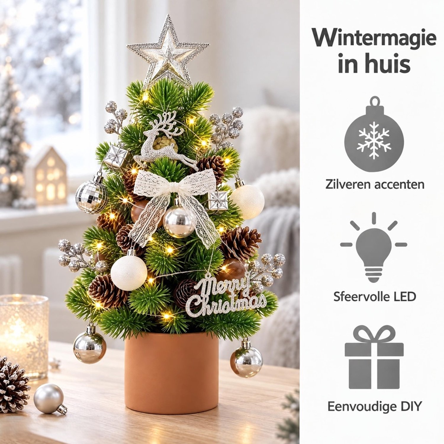 Mini Kunstkerstboom 45 cm met LED Verlichting - DIY Decoratieset – Kerstversiering - Realistische Kerstboom in Pot – Sfeervolle Kerstversiering voor Woonkamer, Eettafel of Kantoor – foto 5