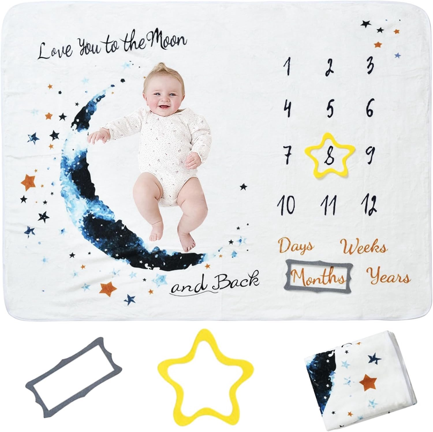 Zachte Mijlpaal Dekentje voor Baby's - Maand Dekentje met 2 Fotokaders en Achtergrondstof voor Fotografie, Perfect als Babyaccessoire voor Jongens en Meisjes