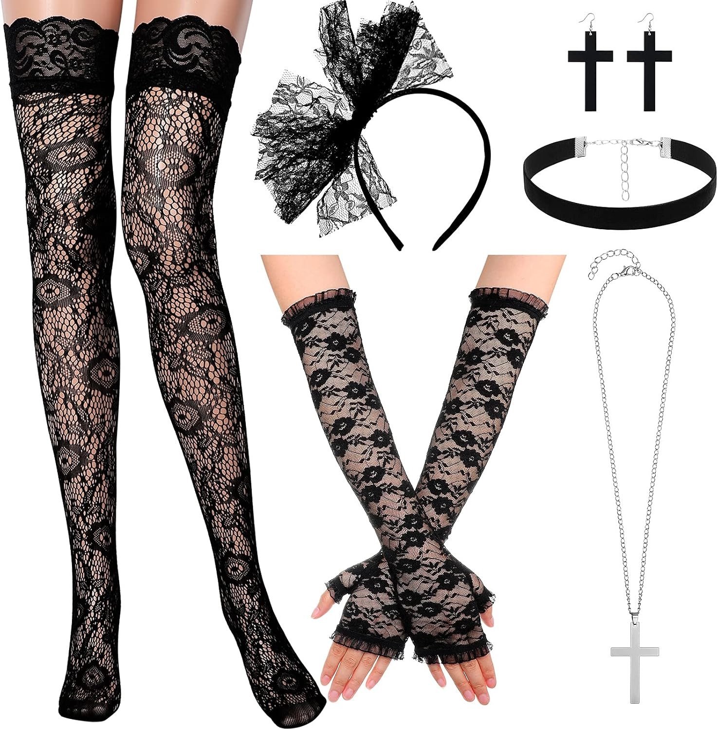 80s Kostuumaccessoires Set met Kanten Haarband, Lange Kanten Handschoenen, Hoge Kousen en Sieraden voor Feestjes en Halloween