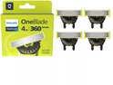 Doos met Philips OneBlade 360 4x mesjes, groen met 'Each blade lasts up to 4 months'.