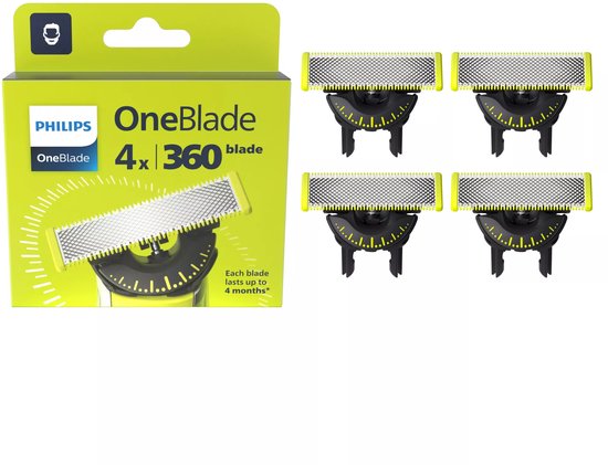 Doos met Philips OneBlade 360 4x mesjes, groen met 'Each blade lasts up to 4 months'.