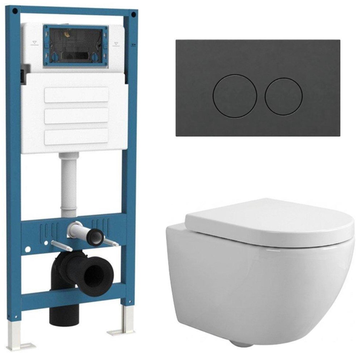 QeramiQ Dely Swirl Compact Toiletset - inbouwreservoir QeramiQ flush - 25mm zitting - kunststof bedieningsplaat mat antraciet - ronde knoppen - glans wit