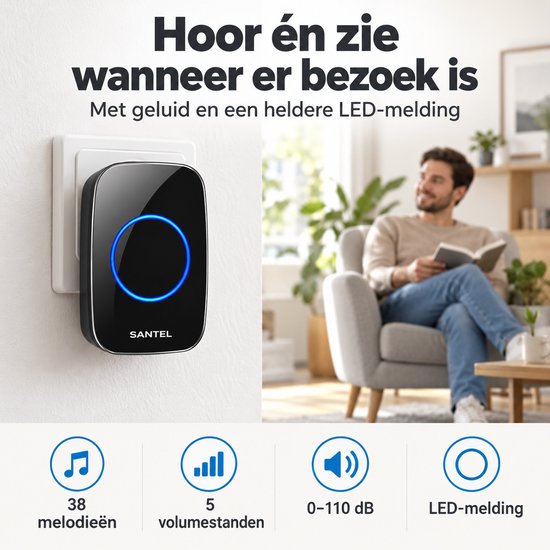 Santel draadloze deurbel met 2 ontvangers - Deurbel draadloos - Deurbellen - Wireless Doorbell - IP44 Waterdicht — afbeelding 4