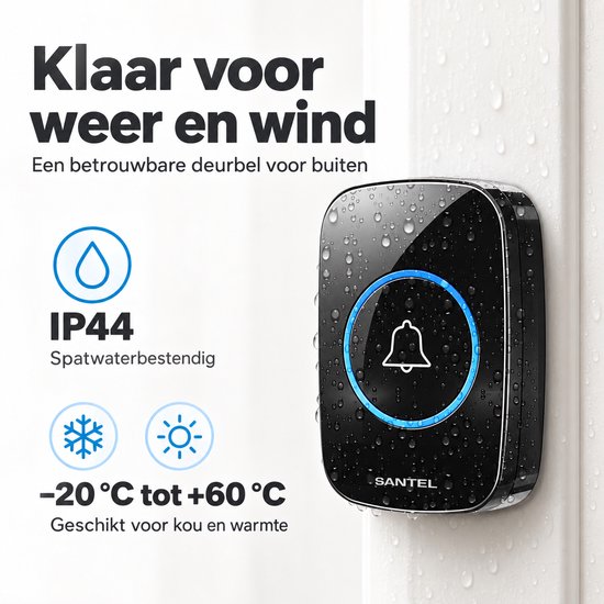 Santel draadloze deurbel met 2 ontvangers - Deurbel draadloos - Deurbellen - Wireless Doorbell - IP44 Waterdicht — afbeelding 5