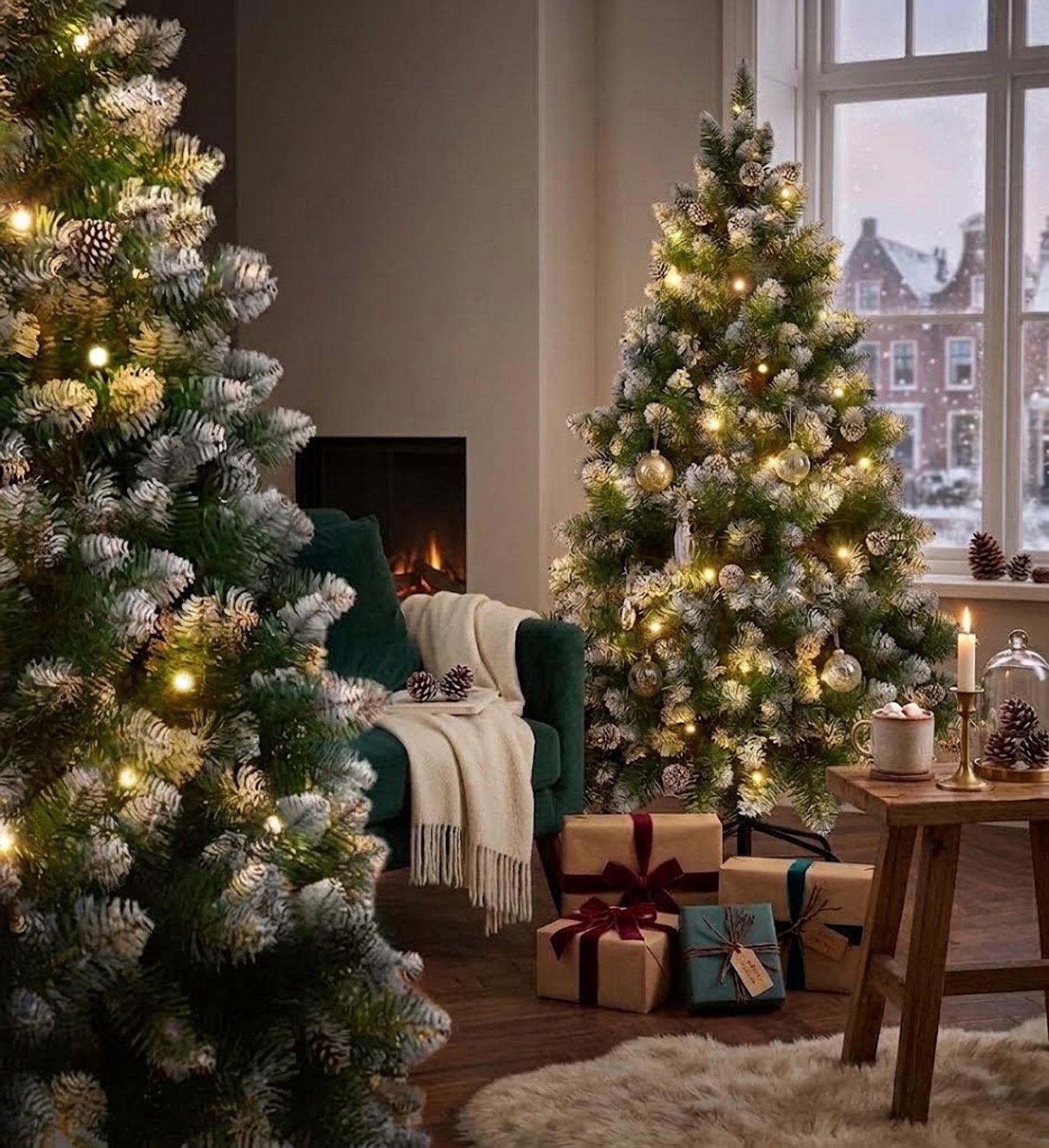 180 cm Kunstkerstboom met LED Verlichting, Sneeuweffect & Dennenappels, PVC Kerstboom, Metalen Standaard, Voor Kerstdecoratie