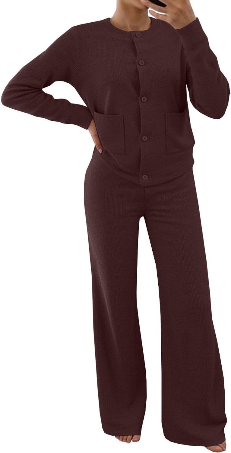 Tweedelige loungeset voor dames, elegant trainingspak, ronde hals, huispak, pyjama, knoop, lange mouwen, T-shirts en wijde broek met zakken, joggingpak, vrije tijd, loungewear, nachtkleding