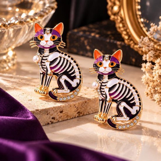 2 stuks Halloween skelet kat broche spelden, emaille zwarte kat reversspeld met strass steentjes, milieuvriendelijke zinklegering gotische badge voor vrouwen mannen, pak jas rugzak hoed sjaal — afbeelding 2