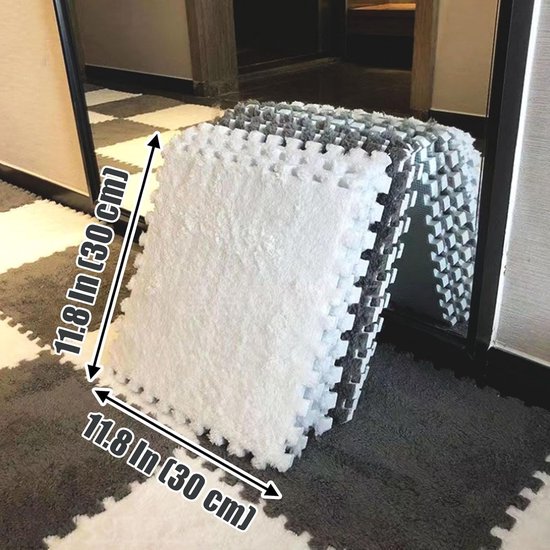 30 stuks Fuzzy 12x12 inch tapijtvierkanten, pluche in elkaar grijpende vloertegels, puzzelstuk vloermat, puzzelmat voor speelkamer, woonkamer, grijs, 0,39 inch — afbeelding 4