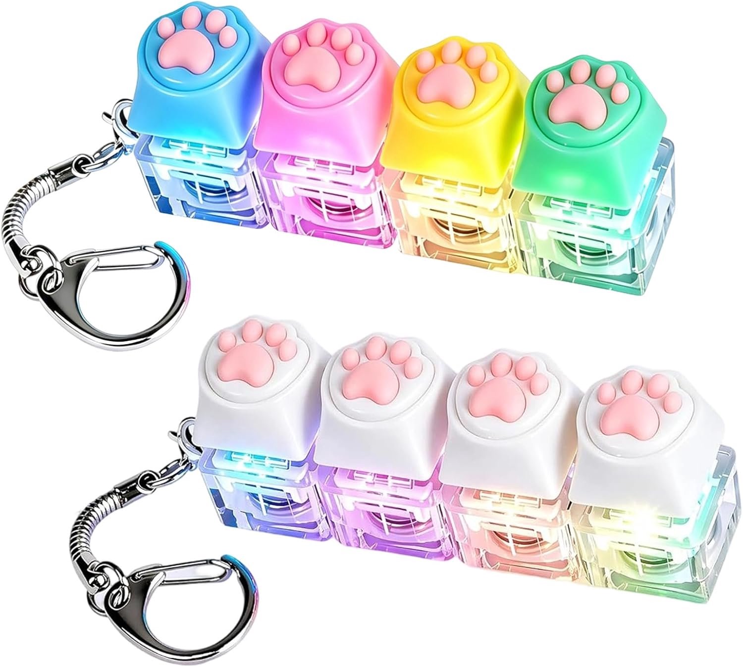 Toetsenbord fidgetspeelgoed, kattenpoot met ledlicht, 2 stuks, toetsenbord, fidget-sleutelhanger, clicker, mechanische schakelaar, stressvermindering voor volwassenen, lichtgevend toetsenbord voor