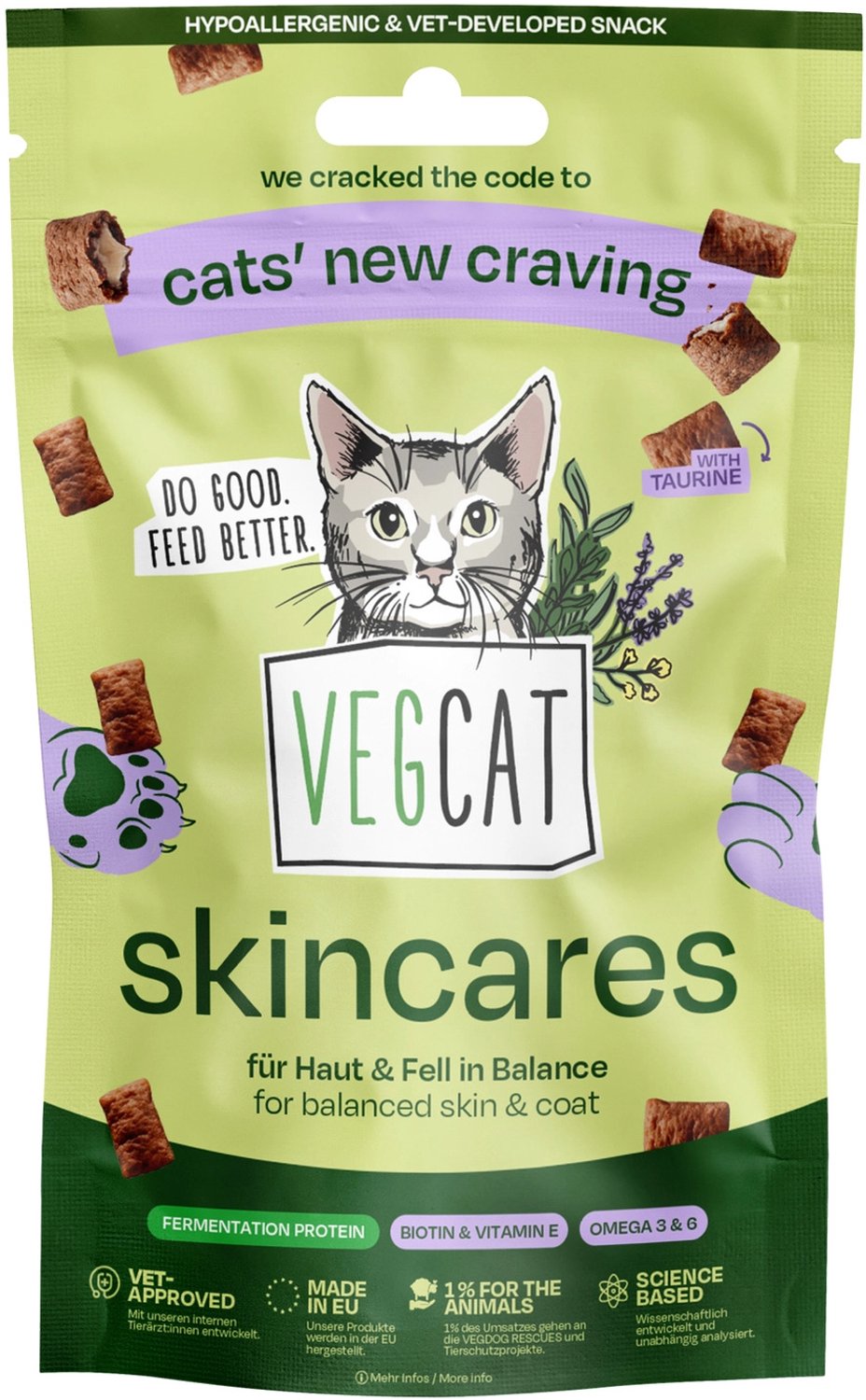 VEGCAT Skincares - Hypoallergene Kattensnacks - Voor Huid & Vacht - Met Omega 3 & 6, Biotine & Vitamine E - 60 g