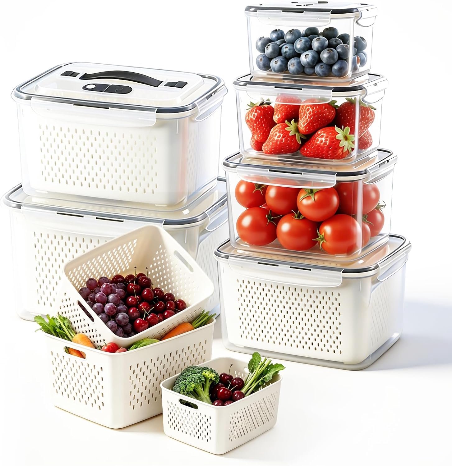 Vershoudbakjes Koelkast 6 Stuks,Koelkast Organizer met Deksel en Uitlekmandje,Stapelbare Voedselcontainers in 6 Maten,Transparante Koelkastbakjes voor Keuken & Meal Prep