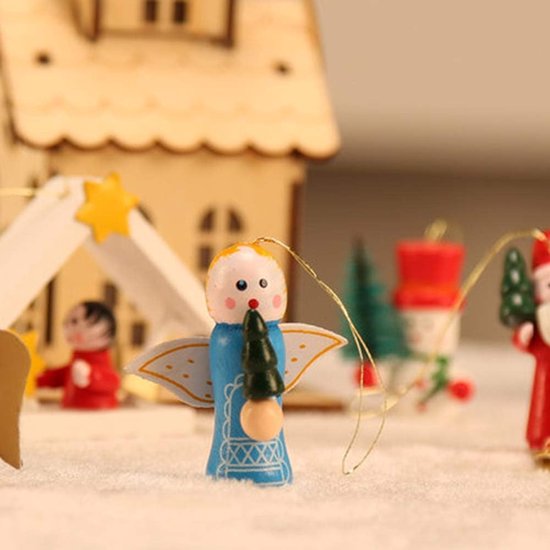 48 stuks kleine kerstornamenten, set met kleine houten kerstboom hangornamenten, sneeuwpop engelen kerstman adventskalender voor decoraties om in de kerstboom te hangen — afbeelding 2