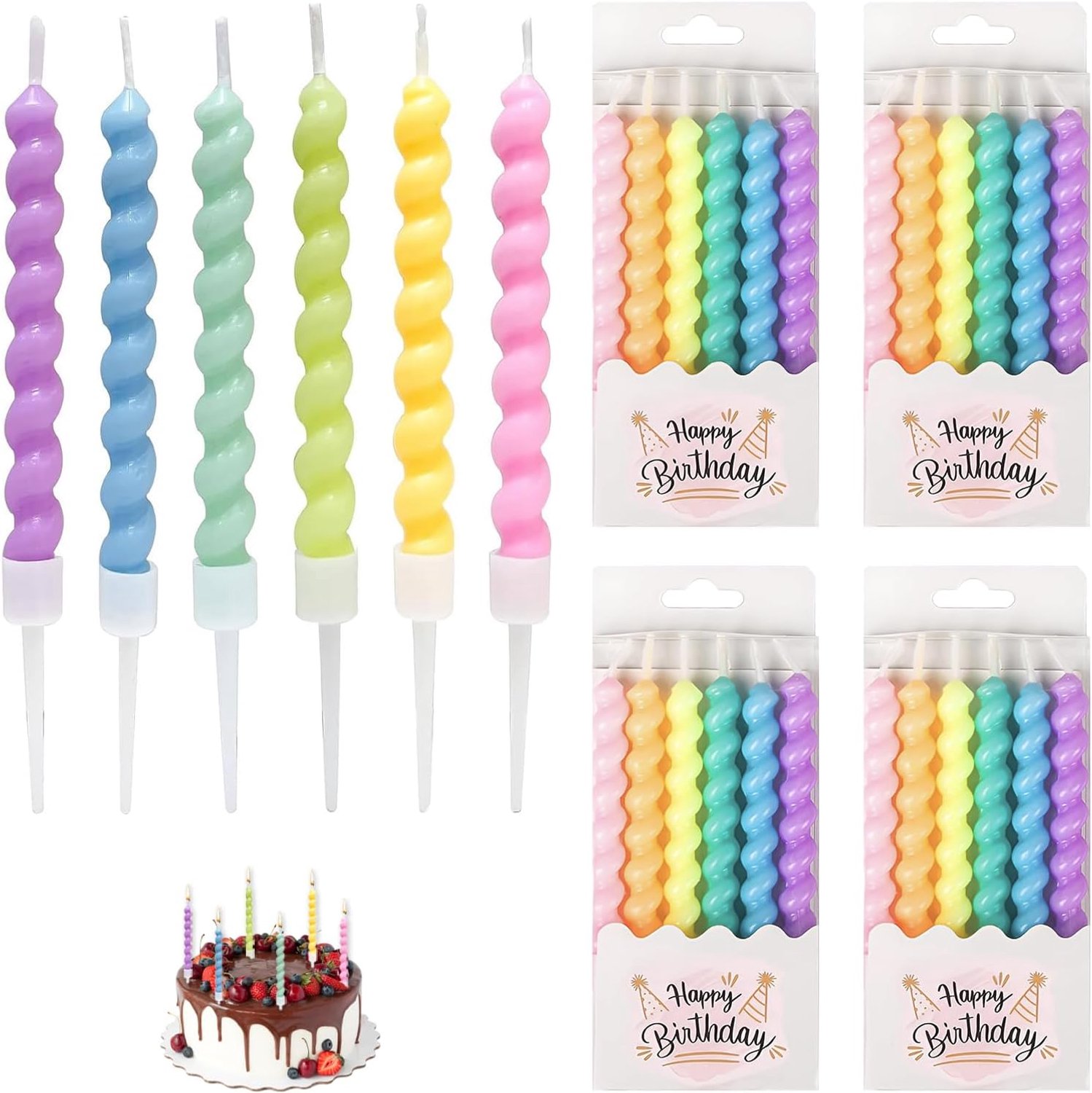 Verjaardagskaarsen 24 stuks - Multicolor gedraaide kaarsen - Decoratief met houders - Perfect voor feestjes - Luxento