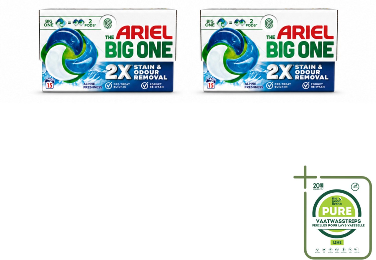 2 x Ariel - 3in1 Wasmiddel Pods - The Big One - Alpine - 15 Pods - Grootverpakking - Vaatwasstrips - Wasmiddel - Wasmiddelpod - Reinigingskracht - Vlekverwijdering - Alpine Geur