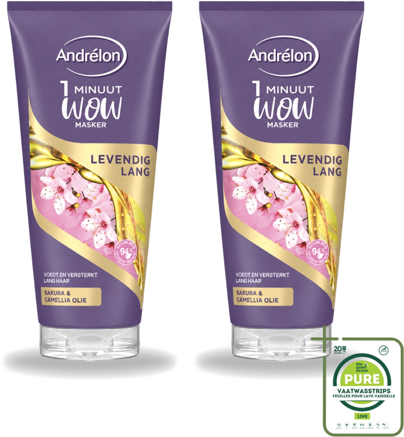 2 x Andrélon - WOW - Masker - Levendig Lang - 180 ml - Grootverpakking - Vaatwasstrips - Haarmasker - Lang Haar - Intensieve Verzorging - 1 Minuut - Sakura-olie