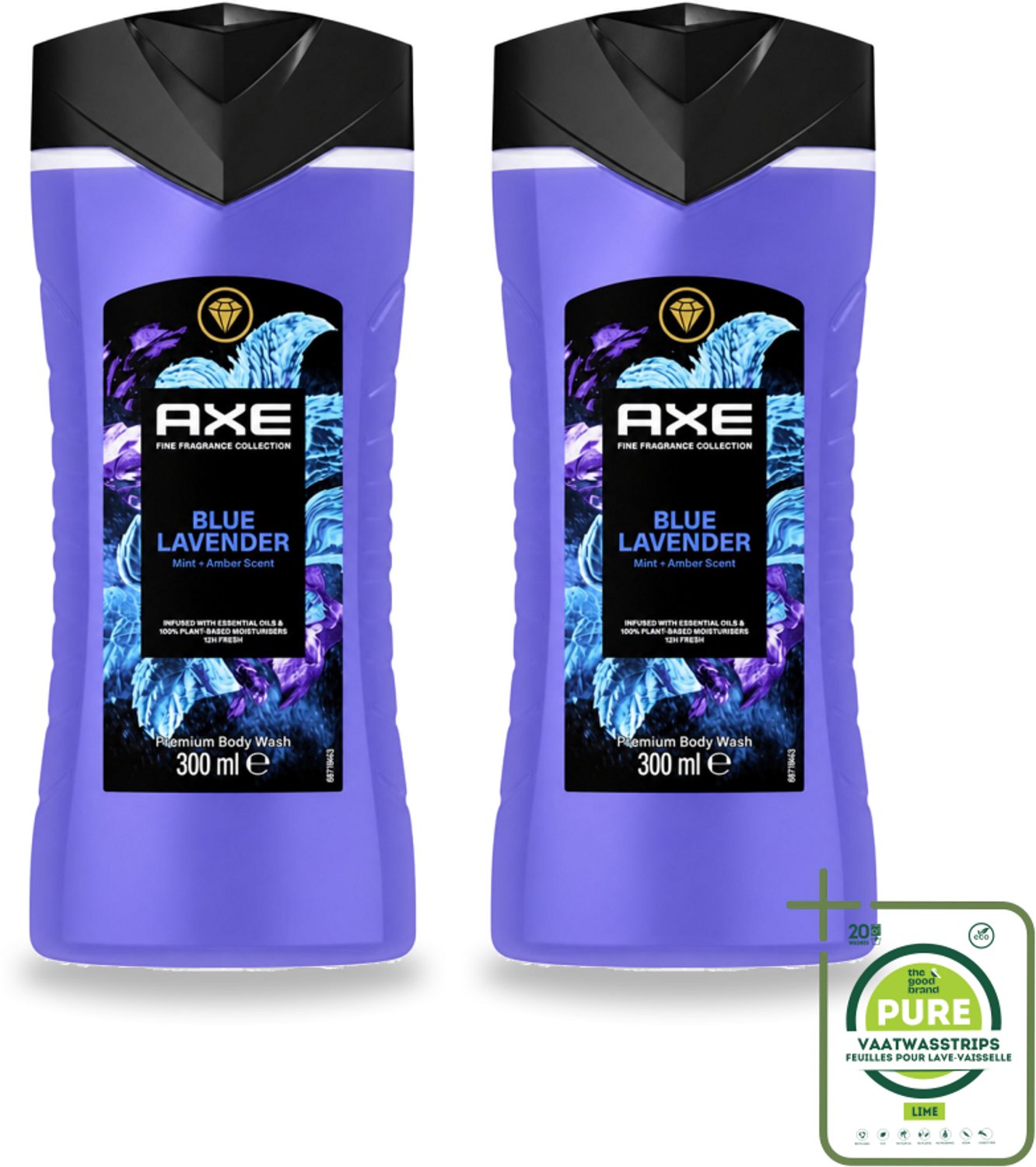 2 x AXE - Douchegel - Blue Lavender - Kalmerend - Premium Geur - 300 ml - Grootverpakking - Vaatwasstrips - Douchegel - Kalmerend - Frisheid - Ontspanning - Lavendel