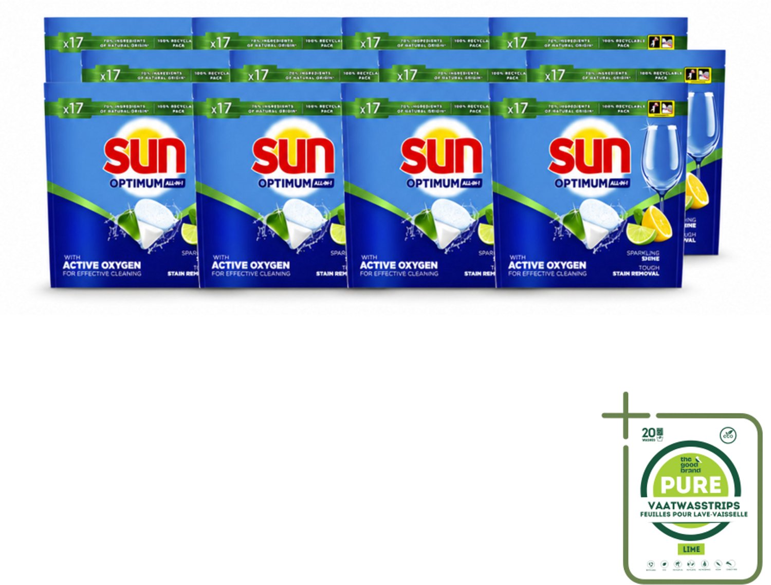 12 x Sun - Vaatwascapsules - Citroen - 17 capsules - Grootverpakking - Vaatwasstrips - Vaatwasmiddel - Vaatwasser - Citroengeur - Reinigingscapsule - Glans