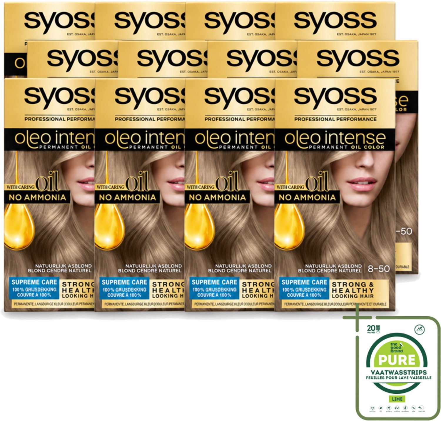 12 x SYOSS - Oleo Intense 8-50 - Haarverf - Permanente Haarkleuring - Natuurlijk Asblond - Langdurige Kleur - Grootverpakking - Vaatwasstrips - Haarkleur - Haarkleuring - Olieformule - Grijsdekking - Verzorging