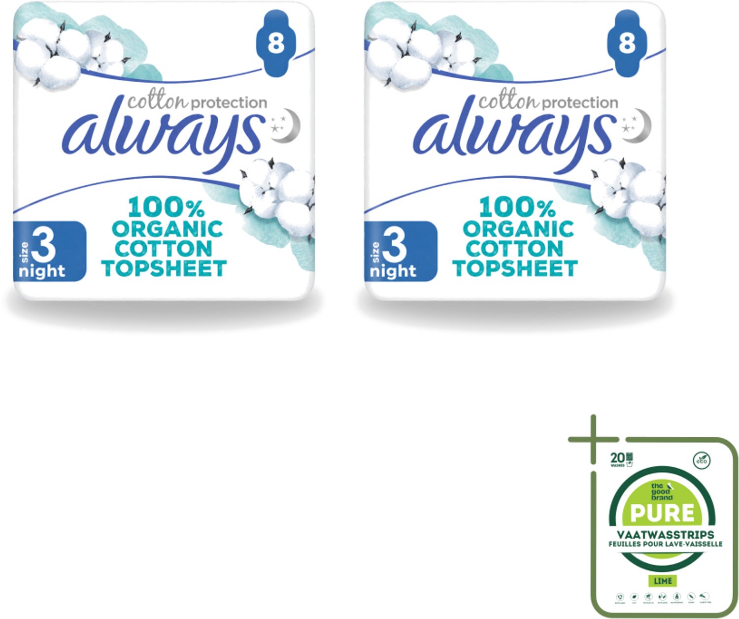2 x Always - Maandverband - Night - Cotton Protection - Met Vleugels - 8 Maandverband - Grootverpakking - Vaatwasstrips - Nachtbescherming - Maandverband - Biologisch Katoen - Nachtmaandverband - Vleugels