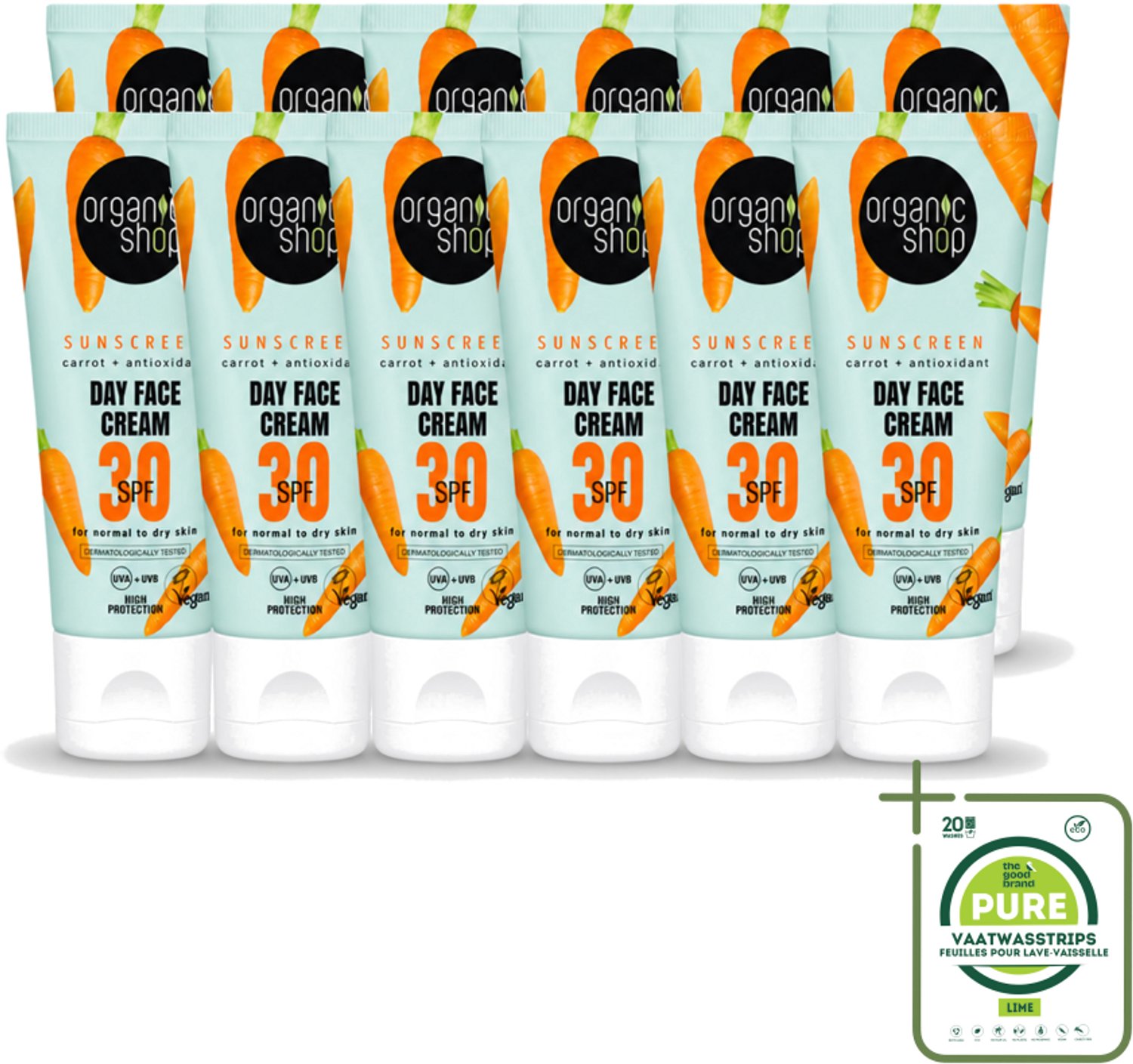 12 x Organic Shop - Zonnebrandcrème Gezicht SPF 30 - Normale Huid - 50 ml - Grootverpakking - Vaatwasstrips - Zonbescherming - Gezichtscreme - SPF 30 - Natuurlijke Zonnebrand - Huidbescherming