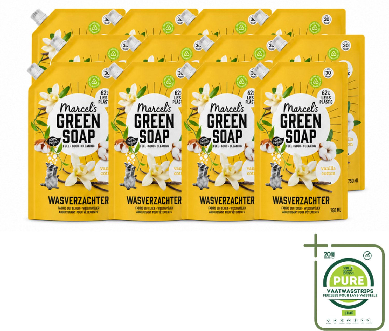 12 x Marcel's Green Soap - Wasverzachter - Navulling - Katoen & Vanille - Zachte frisheid- 30 Wasbeurten - 750 ml - Grootverpakking - Vaatwasstrips - Wasverzachter - Wasgoed Zachter Maken - Katoen Geur - Vanille Geur - Milieuvriendelijk Wasgoed