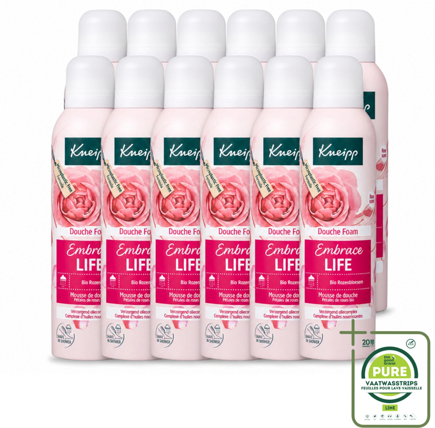 12 x Kneipp - Douche schuim - Embrace Life - Anti‑Aging verzorging - 200 ml - Grootverpakking - Vaatwasstrips - Douche Foam - Roze Schuim - Vrouwelijke Geur - Hydratatie - Huid Verzorging
