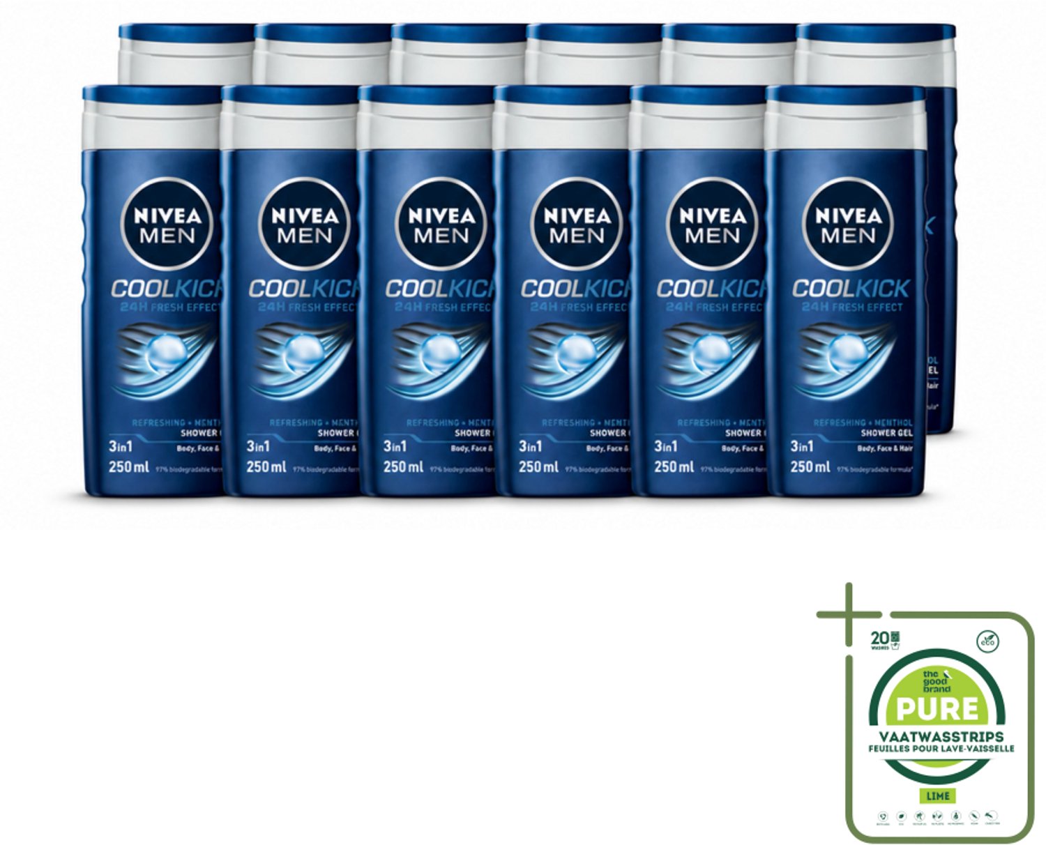 12 x NIVEA MEN - Douchegel - Cool Kick - 250 ml - Grootverpakking - Vaatwasstrips - Douchegel - Shampoo - Frisheid - Verkoeling - Mannelijke Geur