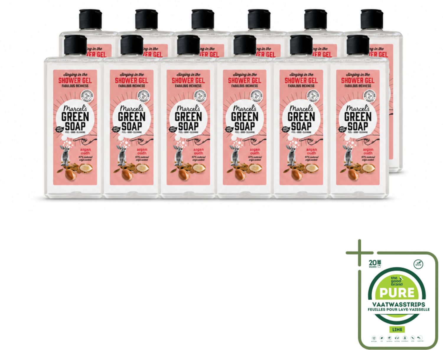 12 x Marcel's Green Soap - Douchegel - Argan & Oudh - Verzorgend & zacht - 300 ml - Grootverpakking - Vaatwasstrips - Douchegel - Argan - Oudh - Natuurlijke Douchegel - Vegan Douchegel