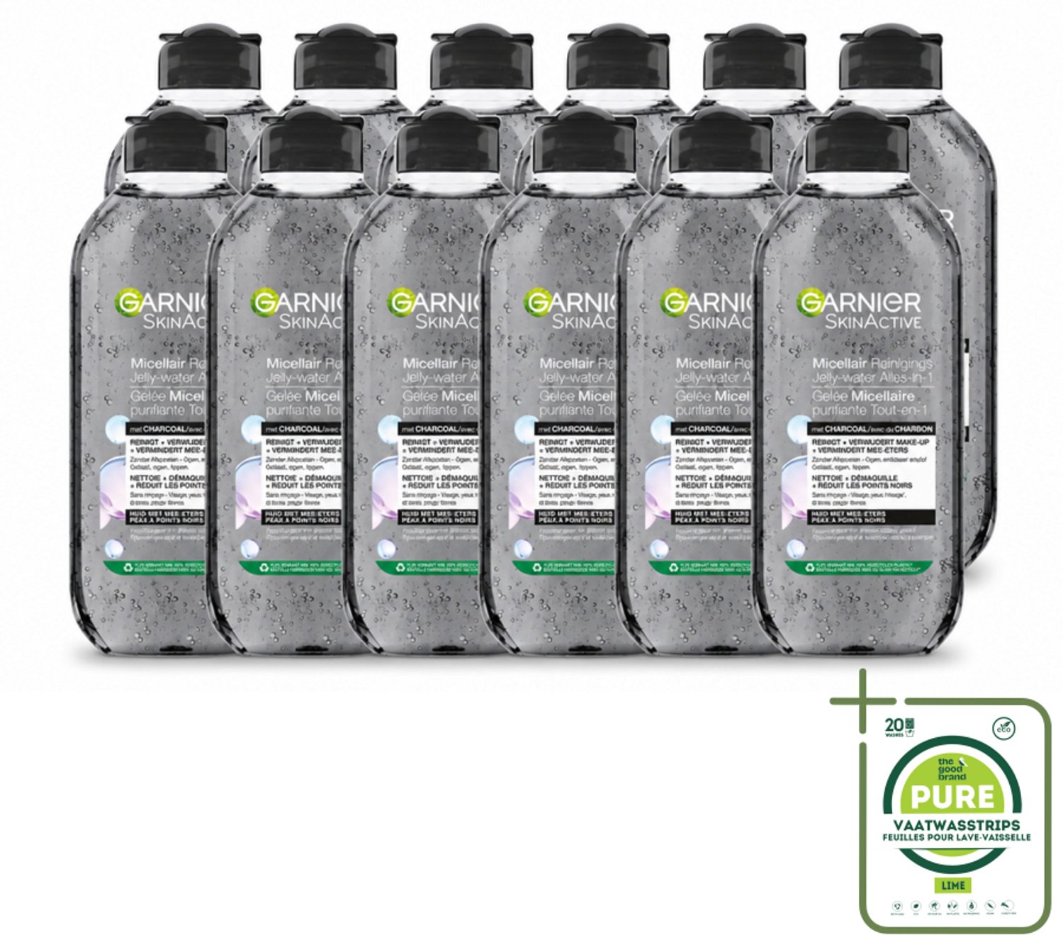 12 x Garnier - SkinActive - Micellair Jelly-water - Alles-in-1 - Charcoal - 400 ml - Grootverpakking - Vaatwasstrips - Huid Reinigen - Make-up Verwijderen - Houtskool - Salicylzuur - Micellair Water