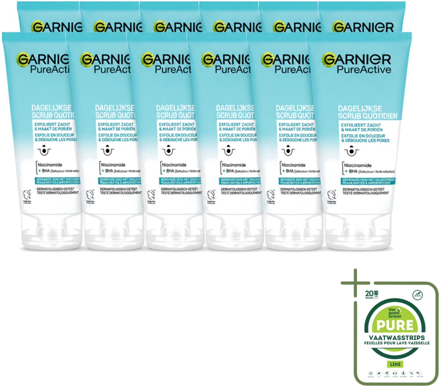 12 x Garnier - Pure Active - Dagelijkse Scrub - Niacinamide & BHA - Exfolieert & Reinigt Poriën - 150 ml - Grootverpakking - Vaatwasstrips - Exfoliatie - Reinigen - Poriën Reinigen - Mee-eters Verwijderen - Huid Reinigen