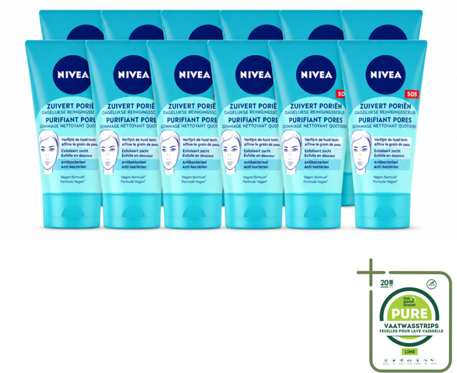 12 x NIVEA - Reinigingsscrub - Essentials Dagelijkse Scrub - Voor onzuivere huid - Met Melkzuur & Magnolia-extract - 150 ml - Grootverpakking - Vaatwasstrips - Gezichtsreiniging - Huidscrub - Melkzuur - Magnolia-extract - Onzuivere Huid