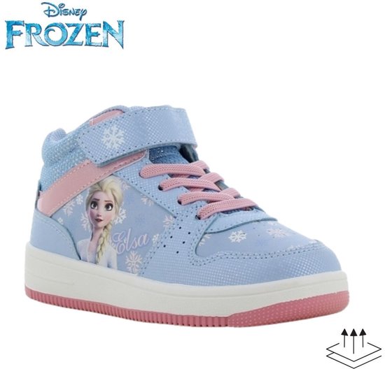 Disney Frozen hoge sneaker met Elsa-afbeelding, sneeuwvlokkenpatroon, roze veters en klittenband.
