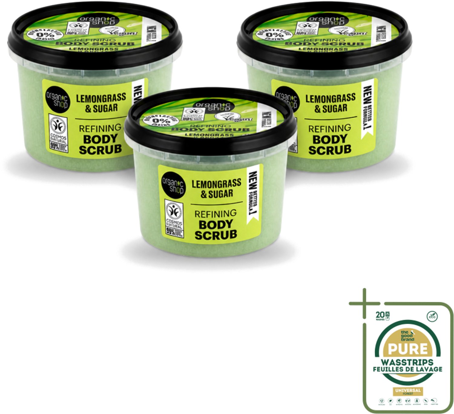 3 x Organic Shop - Body Scrub Lemongrass - Verfrissend en Verzorgend - 250 ml - Wasstrips - Bodyscrub - Huidpeeling - Citroengrasolie - Natuurlijke Huidverzorging - Exfoliatie