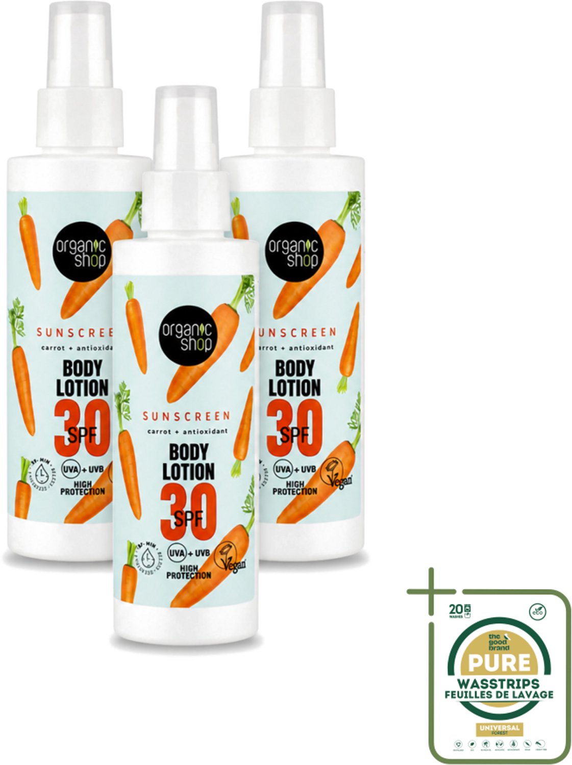 3 x Organic Shop - Zonnebrandcrème SPF 30 - Bescherming tegen de Zon - 150 ml - Wasstrips - Zonbescherming - Zonnebrandcrème - SPF 30 - Natuurlijke Zonbescherming - Antioxidanten