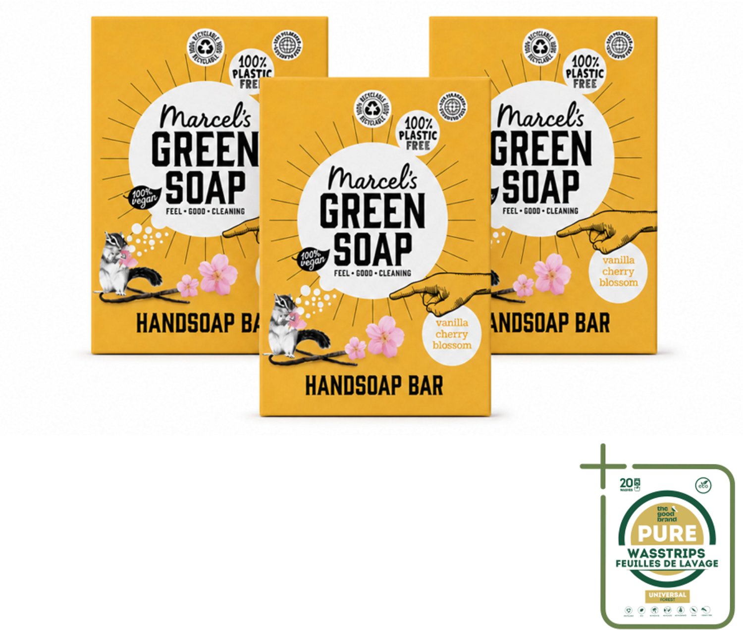 3 x Marcel's Green Soap - Handzeep Bar - Vanille & Cherry Blossom - Krachtige werking - 90 gr - Wasstrips - Handzeep Bar - Handzeep - Handzeep Vanille - Handzeep Cherry Blossom - Handzeep Vegan