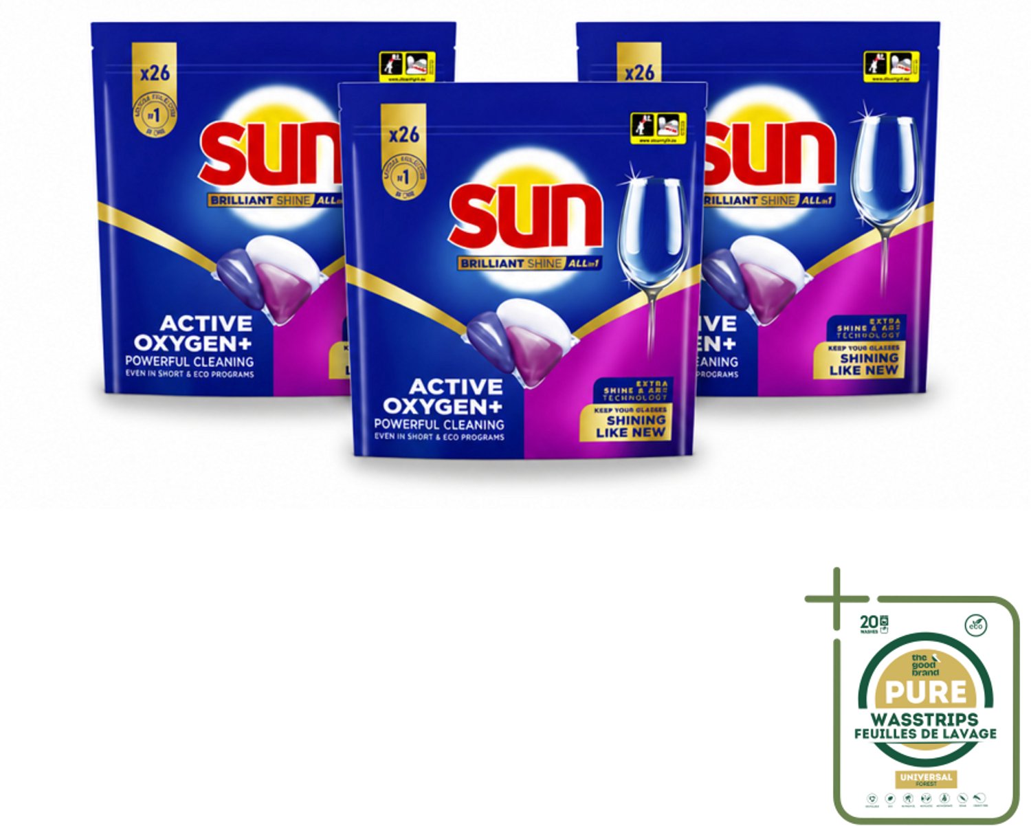 3 x Sun - Vaatwascapsules - Brilliant Shine All-in-1 - 26 capsules - Wasstrips - Vaatwasmiddel - Vaatwascapsules - Glans - Reiniging - Anti-kalk