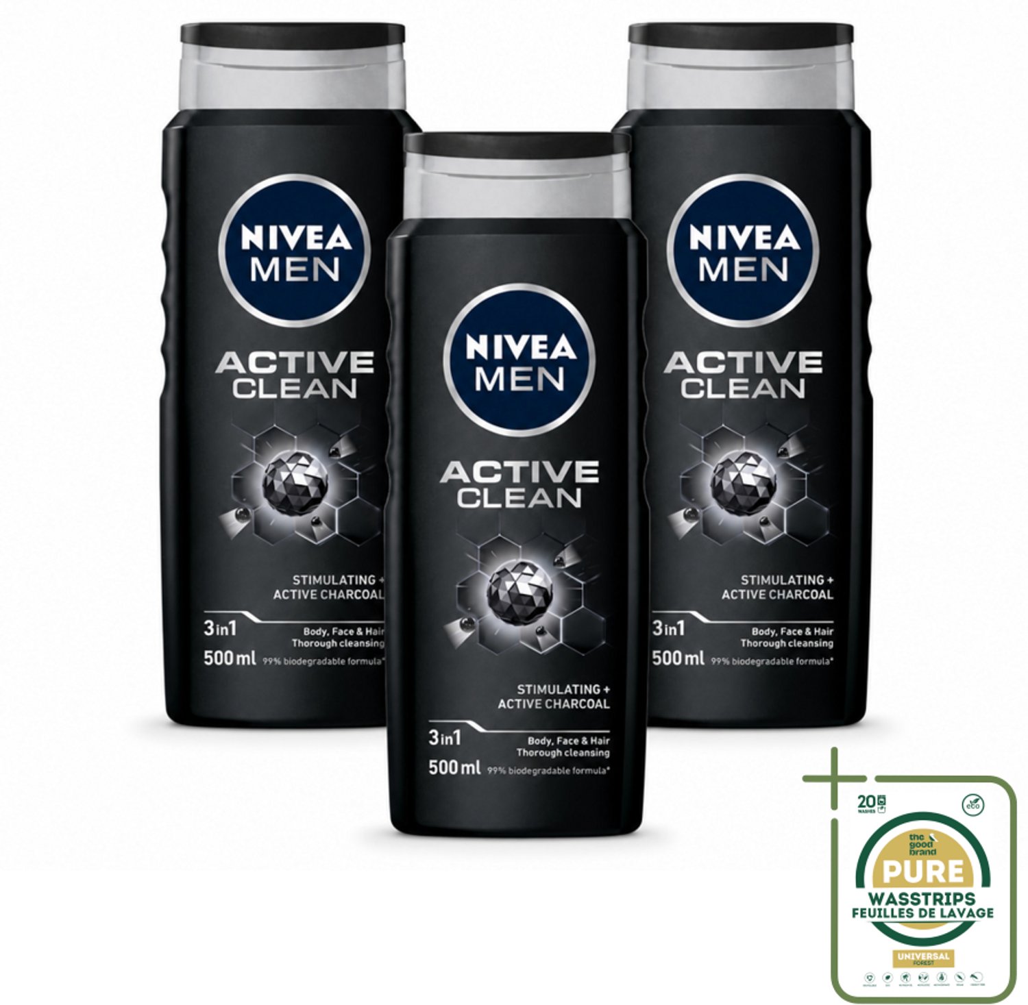 3 x NIVEA MEN - Douchegel - Active Clean - 500 ml - Wasstrips - Douchegel Mannen - Actief Houtskool - Reiniging Lichaam - Reiniging Gezicht - Reiniging Haar