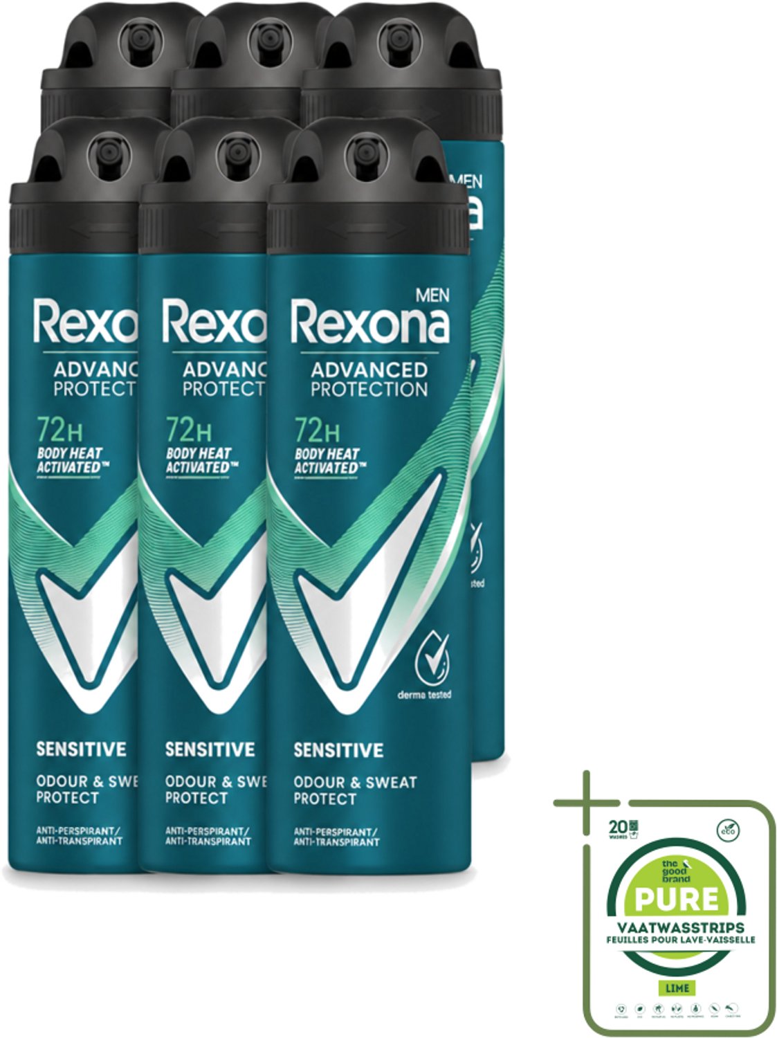 6 x Rexona Men - Deodorant Spray - Sensitive - Zachte Bescherming - 150 ml - Grootverpakking - Deodorant Spray - Zweetvermindering - Geurvermindering - Alcoholvrije Deodorant - Gevoelige Huid