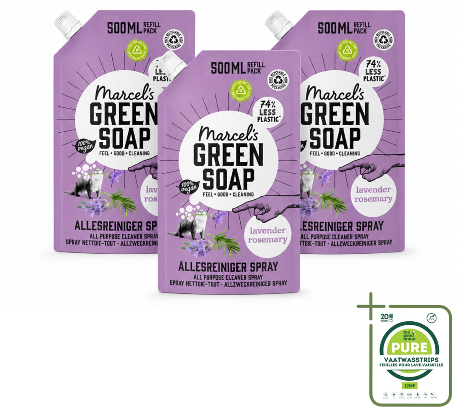 3 x Marcel's Green Soap - Allesreiniger Spray - Navulling - Lavendel & Rozemarijn - Frisse reiniging - 500 ml - Grootverpakking - Vaatwasstrips - Allesreiniger - Natuurlijke Reiniger - Biologische Reiniger - Vegan Reiniger - Lavendel En Rozemarijn