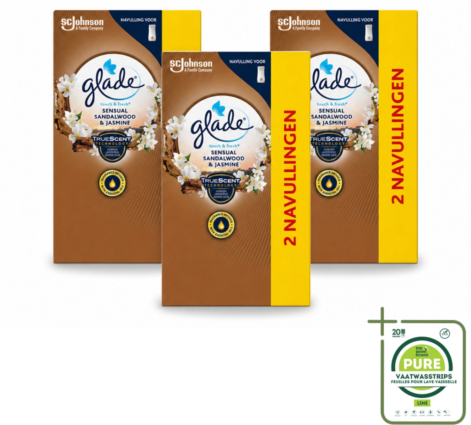 3 x Glade - Touch & Fresh Navulling - Sensual Sandelhout Jasmijn - 2 × 10 ml - Grootverpakking - Geur Navulling - Glade Sensual Sandalwood Jasmine - Geur In Badkamer - Geur In Toilet - Essentiële Oliën