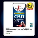 Verpakking van Lucovitaal CBD 5 mg capsules met 2+3 gratis aanbieding.