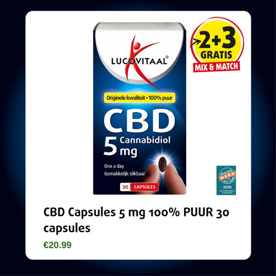 Verpakking van Lucovitaal CBD 5 mg capsules met 2+3 gratis aanbieding.