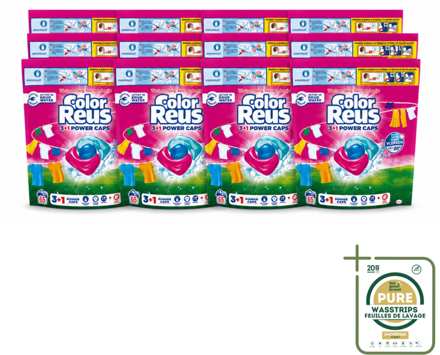 12 x Color Reus - 3+1 Power Caps - Gekleurde Was - 65 Wasbeurten - Wasstrips - Kleurbehoud - Wasmiddel - Wasresultaat - Vlekverwijdering - Krachtige Was