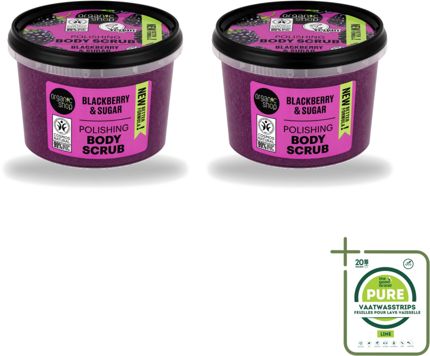 2 x Organic Shop - Body Scrub Blackberry - Verfrissend en Hydraterend - 250 ml - Grootverpakking - Vaatwasstrips - Bodyscrub - Exfoliatie - Huidverzorging - Braamextract - Natuurlijke Suiker