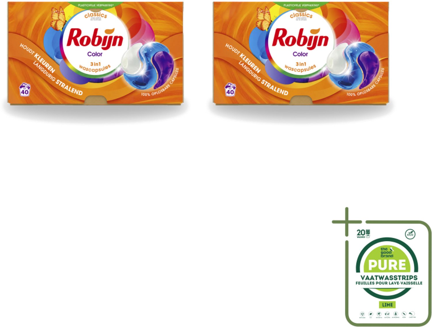2 x Robijn - 3-in-1 Color - Wascapsules - 40 Wasbeurten - Grootverpakking - Vaatwasstrips - Wascapsules - Kleur - Wasverzachter - Wasmachine - Waskracht