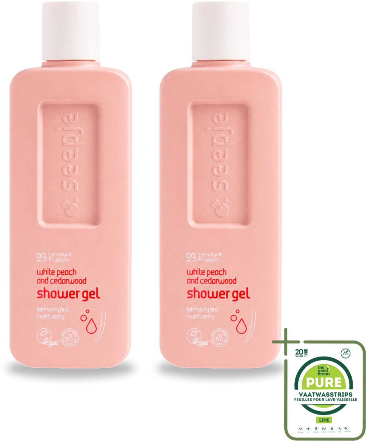 2 x Seepje - Douchegel - Natuurlijke Geur - Witte Perzik en Cederhout - 300 ml - Grootverpakking - Vaatwasstrips - Douchegel - Natuurlijke Douchegel - Witte Perzik - Cederhout - Huidverzorging