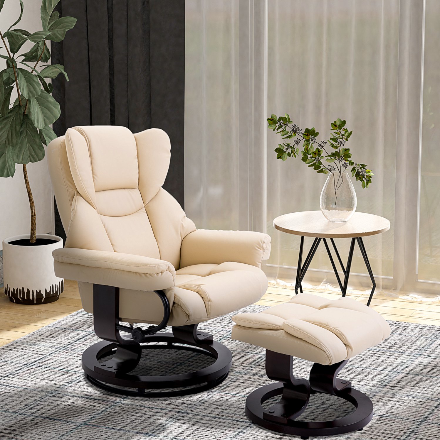 DESMIU Relaxfauteuil 79 Cm - 360 Graden Draaibaar Met Verstelbare Rugleuning En Hocker - Voor Woonkamer En Slaapkamer - Kunstleer Crèmewit